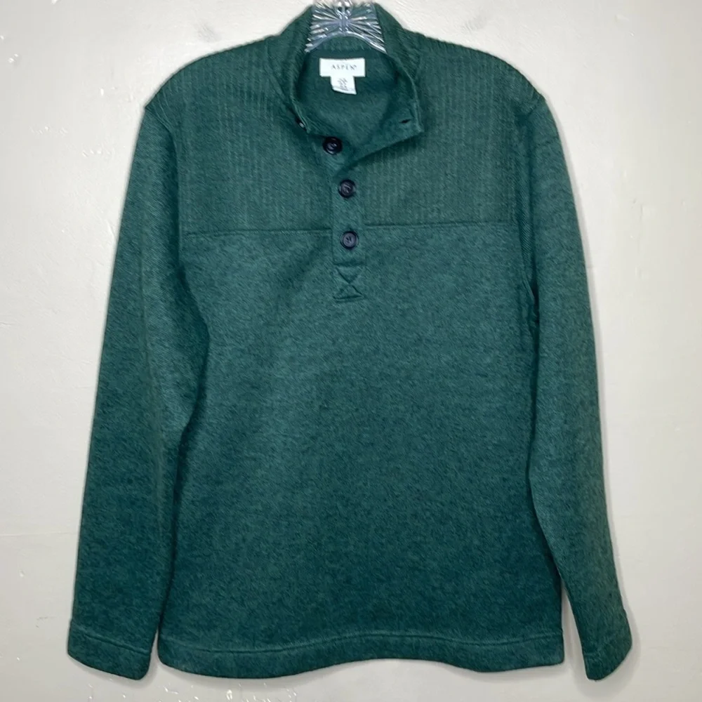 ASPEN Sweater Green Quarter Button Ski Outdoorsman Mock Neck Grandpa Preppy Med